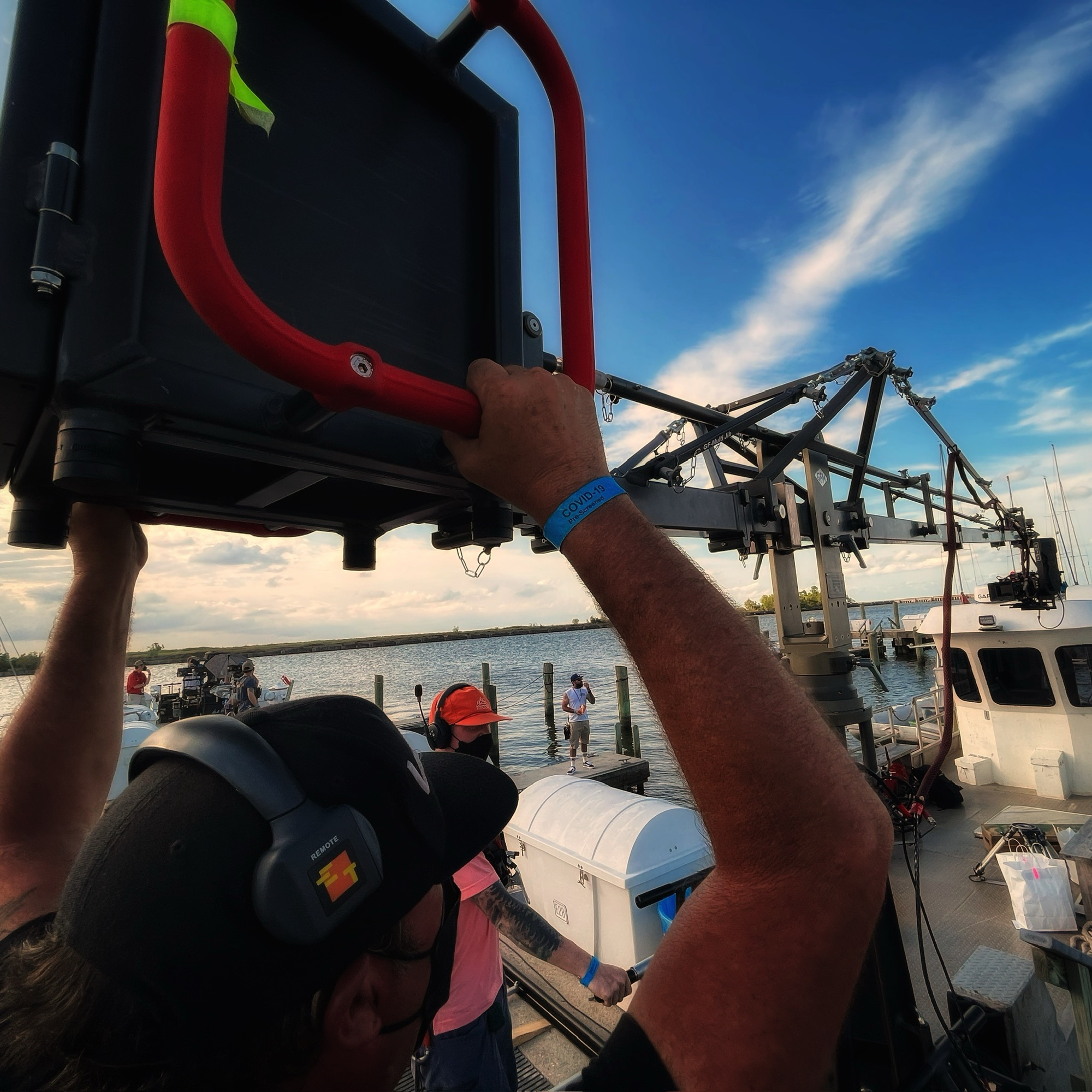 GF-Multijib rigged on a boat deck at the dock, monitor held overhead