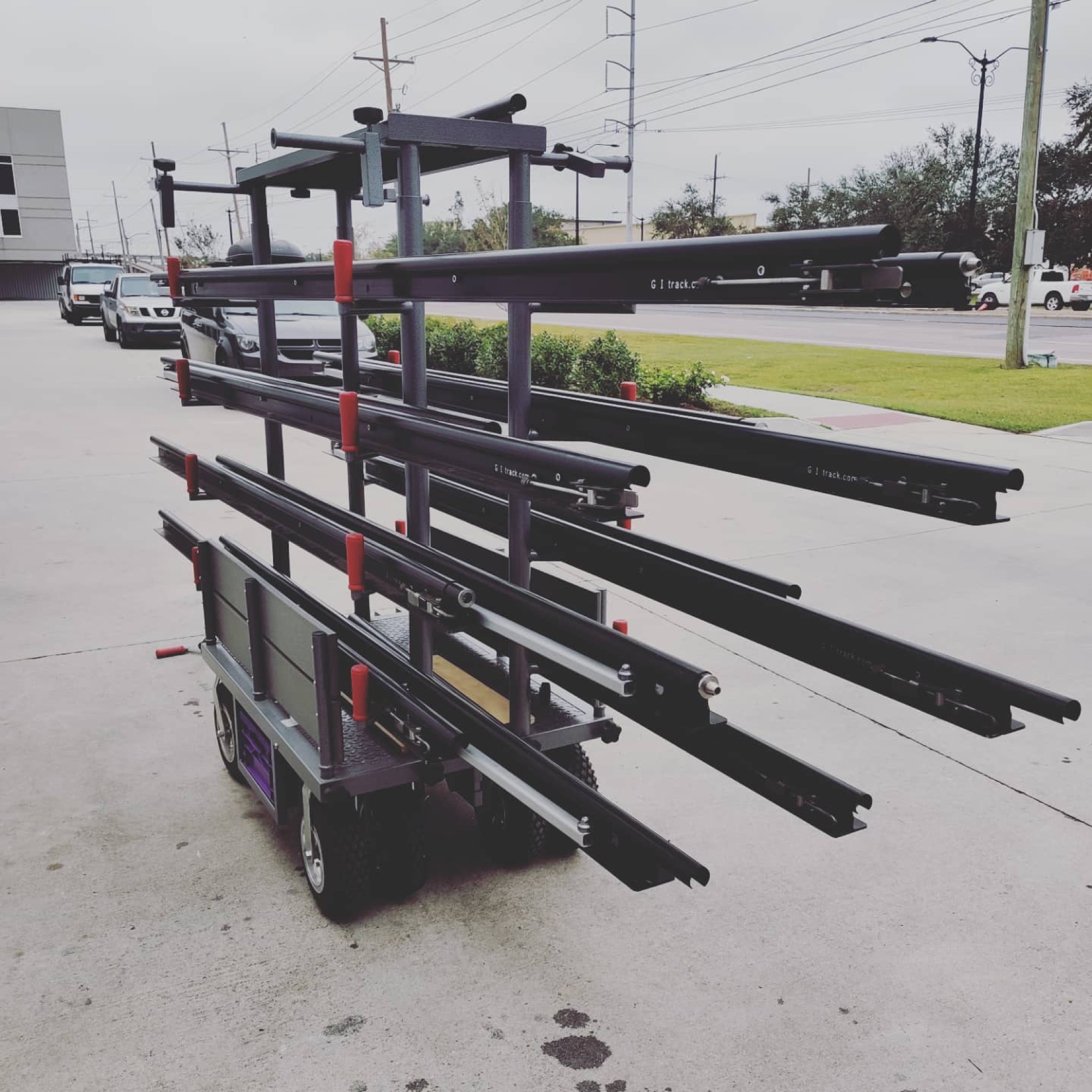 GI Track dolly track loaded on its cart, prepped for the truck