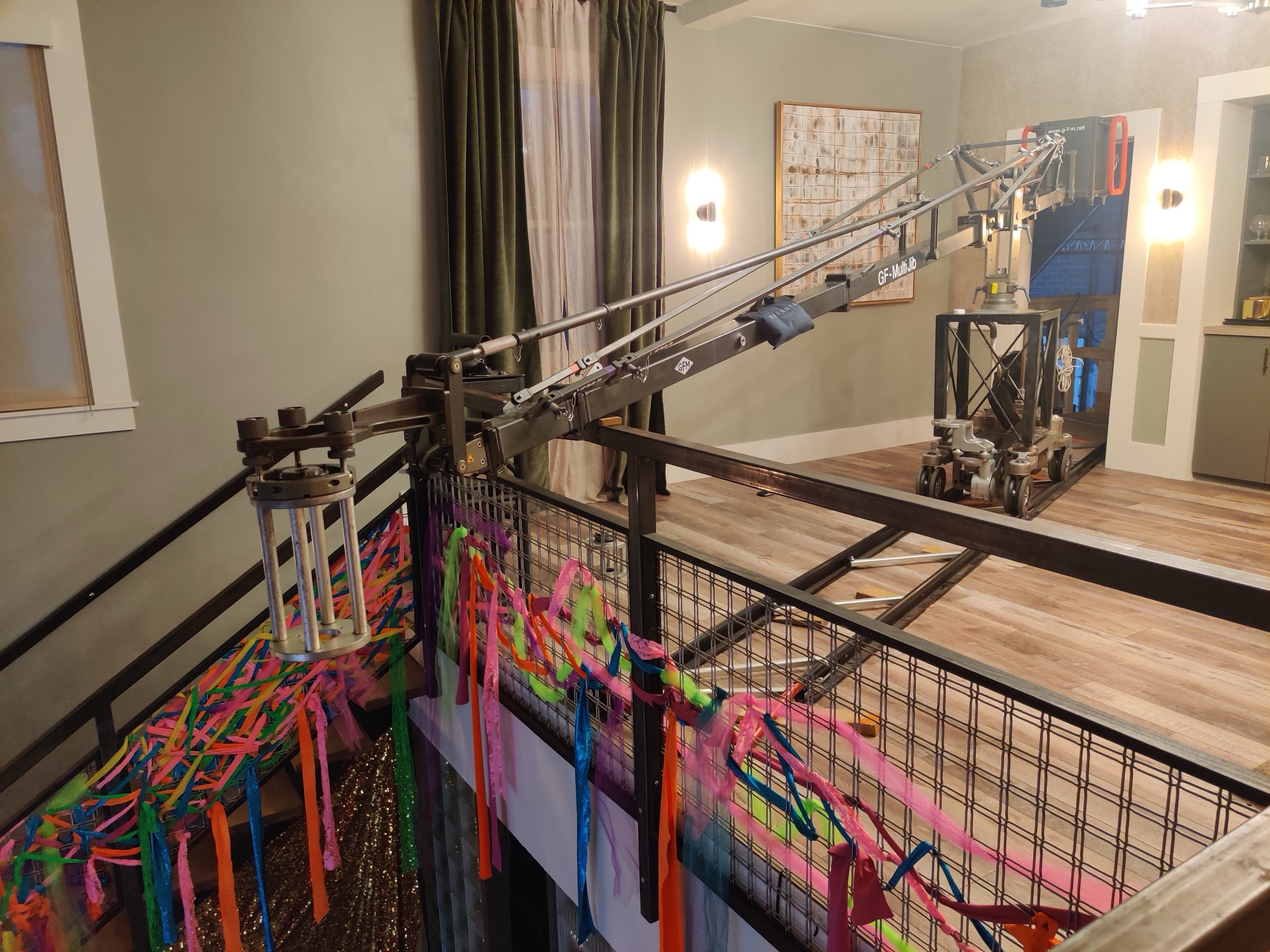 GF-MultiJib rigged on scissored track on an upstairs balcony landing